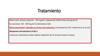 Tratamiento
Hierro oral: primera elección. 375 mg de 1 cápsula de FeSO4 tienen 66 mg de Fe.
Se necesitan 150 - 200 mg de Fe elemental al día.
Hierro parenteral: indicado en ciertas circunstancias: incompetencia TGI, intolerancia al tx oral
Respuesta reticulocitaria al día 5
Continuar tratamiento hasta repletar depósitos de Fe (Incluso hasta 6 meses)
 