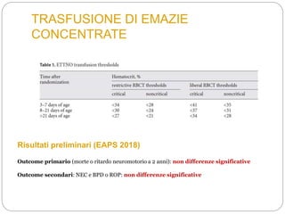 TRASFUSIONE DI EMAZIE
CONCENTRATE
Risultati preliminari (EAPS 2018)
Outcome primario (morte o ritardo neuromotorio a 2 anni): non differenze significative
Outcome secondari: NEC e BPD o ROP: non differenze significative
 