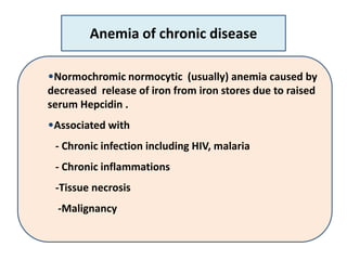 Anemia of chronic disease
•Normochromic normocytic (usually) anemia caused by
decreased release of iron from iron stores due to raised
serum Hepcidin .
•Associated with
- Chronic infection including HIV, malaria
- Chronic inflammations
-Tissue necrosis
-Malignancy
 