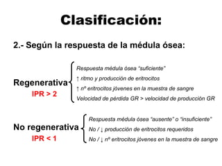 Clasificación:
2.- Según la respuesta de la médula ósea:
Regenerativa
IPR > 2
No regenerativa
IPR < 1
Respuesta médula ósea “suficiente”
↑ ritmo y producción de eritrocitos
↑ nº eritrocitos jóvenes en la muestra de sangre
Velocidad de pérdida GR > velocidad de producción GR
Respuesta médula ósea “ausente” o “insuficiente”
No / ↓ producción de eritrocitos requeridos
No / ↓ nº eritrocitos jóvenes en la muestra de sangre
 