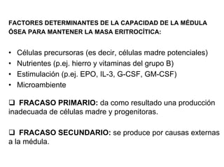 FACTORES DETERMINANTES DE LA CAPACIDAD DE LA MÉDULA
ÓSEA PARA MANTENER LA MASA ERITROCÍTICA:
• Células precursoras (es decir, células madre potenciales)
• Nutrientes (p.ej. hierro y vitaminas del grupo B)
• Estimulación (p.ej. EPO, IL-3, G-CSF, GM-CSF)
• Microambiente
FRACASO PRIMARIO: da como resultado una producción
inadecuada de células madre y progenitoras.
FRACASO SECUNDARIO: se produce por causas externas
a la médula.
 