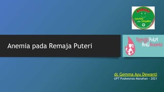 Anemia pada Remaja Puteri
dr
. Gemma Ayu Dewanti
UPT Puskesmas Manahan - 2021
 