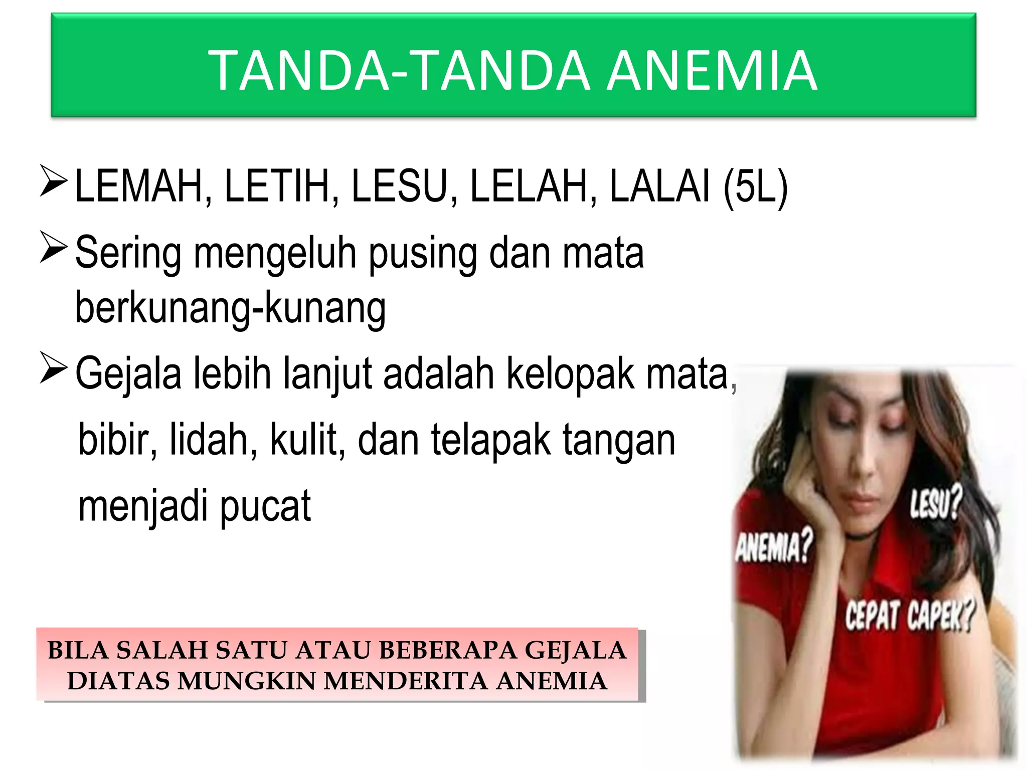 TANDA-TANDA ANEMIA
LEMAH, LETIH, LESU, LELAH, LALAI (5L)
Sering mengeluh pusing dan mata
berkunang-kunang
Gejala lebih lanjut adalah kelopak mata,
bibir, lidah, kulit, dan telapak tangan
menjadi pucat
BILA SALAH SATU ATAU BEBERAPA GEJALA
DIATAS MUNGKIN MENDERITA ANEMIA
BILA SALAH SATU ATAU BEBERAPA GEJALA
DIATAS MUNGKIN MENDERITA ANEMIA
 