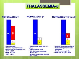 THALASSEMIA-β

HETEROZIGOT                       HOMOZIGOT βo                     HOMOZIGOT β+ dan β+




  • Asimptomatik                   • Anemia berat sejak usia < 1    • Anemia ringan sampai berat
  • Anemia ringan s/d berat        tahun                            • Hati dan limpa normal atau
  • Hb 8-15 g/dL (rata-rata 12)    • Perlu transfusi rutin            membesar
  • MCV < 80 fl                    • Hati dan limpa membesar        • Masih mempunyai HbA
  • HbA2 > 3.5%                    • MCV < 70 fl                    • HbF dari 10 s/d > 90%
  • HbF ≥ 1%                       • Jenis Hb hanya HbA2 and HbF
                                   • HbF > 90%
 