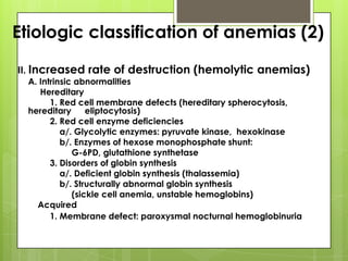 Etiologic classification of anemias (2)

II. Increased rate of destruction (hemolytic anemias)
 A. Intrinsic abnormalities
    Hereditary
       1. Red cell membrane defects (hereditary spherocytosis,
 hereditary      eliptocytosis)
       2. Red cell enzyme deficiencies
          a/. Glycolytic enzymes: pyruvate kinase, hexokinase
          b/. Enzymes of hexose monophosphate shunt:
             G-6PD, glutathione synthetase
       3. Disorders of globin synthesis
          a/. Deficient globin synthesis (thalassemia)
          b/. Structurally abnormal globin synthesis
             (sickle cell anemia, unstable hemoglobins)
   Acquired
       1. Membrane defect: paroxysmal nocturnal hemoglobinuria
 
