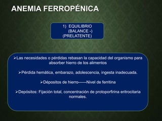 ANEMIA FERROPÉNICA
1) EQUILIBRIO
(BALANCE -)
(PRELATENTE)
Las necesidades o pérdidas rebasan la capacidad del organismo para
absorber hierro de los alimentos
Pérdida hemática, embarazo, adolescencia, ingesta inadecuada.
Dépositos de hierro------Nivel de ferritina
Depósitos: Fijación total, concentración de protoporfirina eritrocitaria
normales.
 