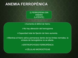 ANEMIA FERROPÉNICA
2) FERROPENIA SIN
ANEMIA
(LATENTE)
Aumenta el déficit de hierro.
No hay alteración del hemograma
Capacidad total de fijación de hiero aumenta.
Mientras el hierro sérico permanece dentro de los límites normales, la
síntesis de hemoglobina no se afecta.
ERITROPOYESIS FERROPÉNICA
CÉLULAS MICROCÍTICAS
 