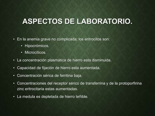 ASPECTOS DE LABORATORIO.
• En la anemia grave no complicada; los eritrocitos son:
• Hipocrómicos.
• Microcíticos.
• La concentración plasmática de hierro esta disminuida.
• Capacidad de fijación de hierro esta aumentada.
• Concentración sérica de ferritina baja.
• Concentraciones del receptor sérico de transferrina y de la protoporfirina
zinc eritrocitaria estas aumentadas.
• La medula es depletada de hierro teñible.
 