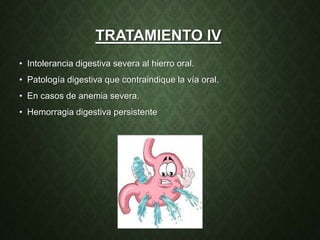 TRATAMIENTO IV
• Intolerancia digestiva severa al hierro oral.
• Patología digestiva que contraindique la vía oral.
• En casos de anemia severa.
• Hemorragia digestiva persistente
 
