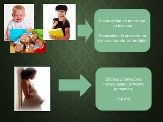 Incapacidad de mantener
un balance
Demandas de crecimiento
y menor aporte alimentario
Últimos 2 trimestres
necesidades de hierro
aumentan:
5-6 mg
 
