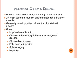 ANEMIA OF CHRONIC DISEASE
 Underproduction of RBCs, shortening of RBC survival
 2nd most common cause of anemia (after iron deficiency
anemia
 Generally develops after 1-2 months of sustained
disease
 Causes
 Impaired renal function
 Chronic, inflammatory, infectious or malignant
disease
 Chronic liver disease
 Folic acid deficiencies
 Splenomegaly
 Hepatitis 32
 