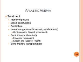 APLASTIC ANEMIA
 Treatment
 Identifying cause
 Blood transfusions
 Antibiotics
 Immunosuppressants (neoral, sandimmune)
 Corticosteroids (Medrol, solu-medrol)
 Bone marrow stimulants
 Filgrastim (Neupogen)
 Epoetin alfa (Epogen, Procrit)
 Bone marrow transplantation
35
 