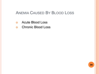 ANEMIA CAUSED BY BLOOD LOSS
 Acute Blood Loss
 Chronic Blood Loss
36
 