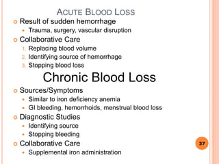 ACUTE BLOOD LOSS
 Result of sudden hemorrhage
 Trauma, surgery, vascular disruption
 Collaborative Care
1. Replacing blood volume
2. Identifying source of hemorrhage
3. Stopping blood loss
Chronic Blood Loss
 Sources/Symptoms
 Similar to iron deficiency anemia
 GI bleeding, hemorrhoids, menstrual blood loss
 Diagnostic Studies
 Identifying source
 Stopping bleeding
 Collaborative Care
 Supplemental iron administration
37
 