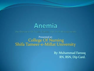 Presented at:

College Of Nursing
Shifa Tameer-e-Millat University
By: Muhammad Farooq
RN, BSN, Dip Card.

 
