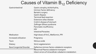 Causes of Vitamin B12 Deficiency
Gastrointestinal Gastric atrophy;Achlorhydria,
Intrinsic Factor deficiency
Bariatric surgery
Gastric Bypass
Terminal ileal resection
Extensive celiac disease
Crohn’s disease of stomach
Zollinger-Ellison syndrome
Pancreatic insufficiency
HIV
Intestinal Parasites
Medication High doses ofVit C, Metformin, PPI
Increased utilization Pregnancy
Toxin Nitrous oxide
Dietary Strict vegetarianism
Rare Congenital Disorder Defective intrinsic factor-cobalamin receptors
Abnormal Plasma cobalamin transport
Inborn errors of intracellular cobalamin metabolism 41
 