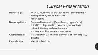 Clinical Presentation
Hematological Anemia, usually macrocytic but normo- or microcytic if
accompanied by IDA or thalassemia
Pancytopenia
Neuropsychiatric Peripheral Neuropathy (Parasthesias, hyporeflexia)
Spinal Cord degeneration (weakness, hypereflexia,
reduced vibratory and position sense)
Memory loss, disorientation, depression
Gastrointestinal Malabsorption (weight loss, diarrhoea, abdominal pain),
glossitis
Reproductive Infertility, Fetal loss
44
 