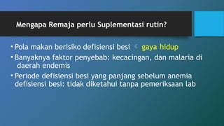 Mengapa Remaja perlu Suplementasi rutin?
• Pola makan berisiko defisiensi besi  gaya hidup
• Banyaknya faktor penyebab: kecacingan, dan malaria di
daerah endemis
• Periode defisiensi besi yang panjang sebelum anemia
defisiensi besi: tidak diketahui tanpa pemeriksaan lab
 