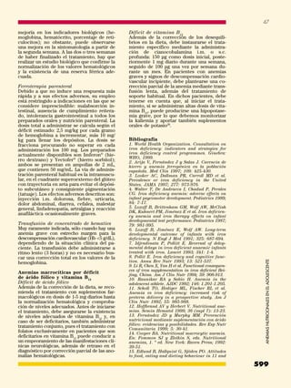 47

mejoría en los indicadores biológicos (he-       Déficit de vitamina B12
moglobina, hematócrito, porcentaje de reti-      Además de la corrección de los desequili-
culocitos); no obstante, puede observarse        brios en la dieta, debe instaurarse el trata-
una mejora en la sintomatología a partir de      miento específico mediante la administra-
la segunda semana. A las dos o tres semanas      ción de cianocobalamina i.m. o s.c.
de haber finalizado el tratamiento, hay que      profunda: 150 µg como dosis inicial, poste-
realizar un estudio biológico que confirme la    riormente 1 mg diario durante una semana,
normalización de los valores hematológicos       seguido de 100 µg una vez por semana du-
y la existencia de una reserva férrica ade-      rante un mes. En pacientes con anemias
cuada.                                           graves y signos de descompensación cardio-
                                                 vascular incipiente, debe plantearse una co-
Ferroterapia parenteral                          rrección parcial de la anemia mediante trans-
Debido a que no induce una respuesta más         fusión lenta, además del tratamiento de
rápida y a sus efectos adversos, su empleo       soporte habitual. En dichos pacientes, debe
está restringido a indicaciones en las que se    tenerse en cuenta que, al iniciar el trata-
considere imprescindible: malabsorción in-       miento, si se administran altas dosis de vita-
testinal, ausencia de cumplimiento reitera-      mina B12, puede producirse una hipopotase-
do, intolerancia gastrointestinal a todos los    mia grave, por lo que debemos monitorizar
preparados orales y nutrición parenteral. La     la kaliemia y aportar también suplementos
dosis total a administrar se calcula según el    orales de potasio28.
déficit estimado: 2,5 mg/kg por cada gramo
de hemoglobina a incrementar, más 10 mg/
kg para llenar los depósitos. La dosis se        Bibliografía
fracciona procurando no superar en cada          1. World Health Organization. Consultation on
administración los 100 mg. Los preparados        iron deficiency: indicators and strategies for
actualmente disponibles son Imferon® (hie-       iron deficiency control programmes. Ginebra:
                                                 WHO, 1999.
rro dextrano) y Yectofer® (hierro sorbitol);     2. Arija V, Fernández J y Salas J. Carencia de
ambos se presentan en ampollas de 2 mL,          hierro y anemia ferropénica en la población
que contienen 50 mg/mL. La vía de adminis-       española. Med Clin 1997; 109: 425-430.
tración parenteral habitual es la intramuscu-    3. Looker AC, Dallman PR, Carroll MD et al.
lar, en el cuadrante superoexterno del glúteo    Prevalence or iron deficiency in the United
con trayectoria en zeta para evitar el depósi-   States. JAMA 1997; 277: 973-976.
to subcutáneo y consiguiente pigmentación        4. Walter T, De Andracca I, Chadud P, Perales
(tatuaje). Los efectos adversos descritos son:   CG. Iron deficiency anemia: adverse effects on
inyección i.m. dolorosa, fiebre, urticaria,      infant psycomotor development. Pediatrics 1989;
dolor abdominal, diarrea, cefalea, malestar      84: 7-17.
general, linfadenopatía, artralgias y reacción   5. Lozoff B, Brittenham GM, Wolf AW, McClish
anafiláctica ocasionalmente graves.              DK, Kuhnert PM, Jiménez E et al. Iron deficien-
                                                 cy anemia and iron therapy effects on infant
                                                 developmental test performance. Pediatrics 1987;
Transfusión de concentrado de hematíes           79: 981-995.
Muy raramente indicada, sólo cuando hay una      6. Lozoff B, Jiménez E, Wolf AW. Long-term
anemia grave con estrecho margen para la         developmental outcome of infants with iron
descompensación cardiovascular (Hb <5 g/dL),     deficiency. N Engl J Med 1991; 325: 687-694.
dependiendo de la situación clínica del pa-      7. Idjradinata P, Pollitt E. Reversal of delop-
ciente. La transfusión debe administrarse a      mental delays in iron deficient anaemic infants
ritmo lento (3 horas) y no es necesario bus-     treated with iron. Lancet 1993; 341: 1-4.
car una corrección total en los valores de la    8. Pollit E. Iron deficiency and cognitive func-

                                                                                                         ANEMIAS NUTRICIONALES EN EL ADOLESCENTE
hemoglobina.                                     tion. Annu Rev Nutr 1993; 13: 521-537.
                                                 9. Li R, Chen X, Yan H et al. Functional consequen-
                                                 ces of iron supplementation in iron deficient Bei-
Anemias macrocíticas por déficit                 jing, China. Am J Clin Nutr 1994; 59: 908-913.
de ácido fólico y vitamina B12                   10. Raunikar RA y Sabio H. Anemia in the
Déficit de ácido fólico                          adolescent athlete. AJDC 1992; 146: 1.201-1.205.
Además de la corrección de la dieta, se reco-    11. Scholl TO, Hediger ML, Fischer RL et al.
mienda el tratamiento con suplementos far-       Anemia vs iron deficiency: increased risk of
macológicos en dosis de 1-5 mg diarios hasta     preterm delivery in a prospective study. Am J
la normalización hematológica y comproba-        Clin Nutr 1992; 55: 985-988.
ción de niveles adecuados. Antes de iniciarse    12. Hoffbrand AV y Herbert V. Nutritional ane-
el tratamiento, debe asegurarse la existencia    mias. Semin Hematol 1999; 36 (supl 7): 13-23.
de niveles adecuados de vitamina B12 y, en       13. Fernández JD y Murphy MM. Prevención
caso de ser deficitarios, también administrar    nutricional mediante suplementación con ácido
tratamiento conjunto, pues el tratamiento con    fólico: evidencias y posibilidades. Rev Esp Nutr
                                                 Comunitaria 1999; 5: 30-41.
folatos exclusivamente en pacientes que son      14. Cooper BA. Nutritional macrocytic anemia.
deficitarios en vitamina B12 puede conducir a    En: Fommon SJ y Zlotkin S, eds. Nutritional
un empeoramiento de las manifestaciones clí-     anemias, 1. ª ed. New York: Raven Press; 1992:
nicas neurológicas, además de retraso en el      39-51.
diagnóstico por corrección parcial de las ano-   15. Edlund B, Hallquist G, Sjöden PO. Attitudes
malías hematológicas.                            to food, eating and dieting behaviour in 11 and

                                                                                                       599
 