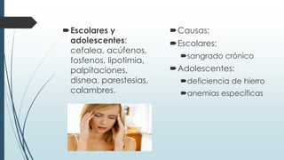 Escolares y
adolescentes:
cefalea, acúfenos,
fosfenos, lipotimia,
palpitaciones,
disnea, parestesias,
calambres.
Causas:
Escolares:
sangrado crónico
Adolescentes:
deficiencia de hierro
anemias específicas
 