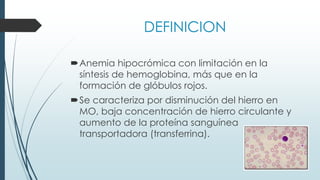 DEFINICION
Anemia hipocrómica con limitación en la
síntesis de hemoglobina, más que en la
formación de glóbulos rojos.
Se caracteriza por disminución del hierro en
MO, baja concentración de hierro circulante y
aumento de la proteína sanguínea
transportadora (transferrina).
 