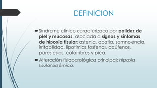 DEFINICION
Síndrome clínico caracterizado por palidez de
piel y mucosas, asociada a signos y síntomas
de hipoxia tisular: astenia, apatía, somnolencia,
irritabilidad, lipotimias fosfenos, acúfenos,
parestesias, calambres y pica.
Alteración fisiopatológica principal: hipoxia
tisular sistémica.
 