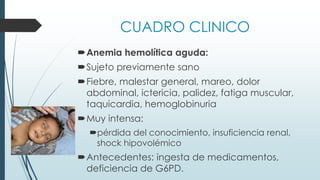 CUADRO CLINICO
Anemia hemolítica aguda:
Sujeto previamente sano
Fiebre, malestar general, mareo, dolor
abdominal, ictericia, palidez, fatiga muscular,
taquicardia, hemoglobinuria
Muy intensa:
pérdida del conocimiento, insuficiencia renal,
shock hipovolémico
Antecedentes: ingesta de medicamentos,
deficiencia de G6PD.
 