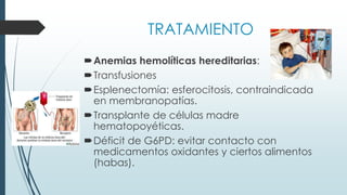 TRATAMIENTO
Anemias hemolíticas hereditarias:
Transfusiones
Esplenectomía: esferocitosis, contraindicada
en membranopatías.
Transplante de células madre
hematopoyéticas.
Déficit de G6PD: evitar contacto con
medicamentos oxidantes y ciertos alimentos
(habas).
 