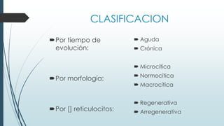 CLASIFICACION
Por tiempo de
evolución:
Por morfología:
Por [] reticulocitos:
 Aguda
 Crónica
 Microcítica
 Normocítica
 Macrocítica
 Regenerativa
 Arregenerativa
 