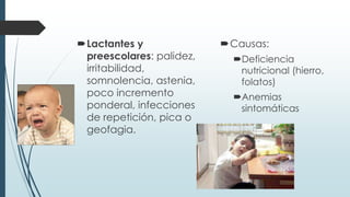 Lactantes y
preescolares: palidez,
irritabilidad,
somnolencia, astenia,
poco incremento
ponderal, infecciones
de repetición, pica o
geofagia.
Causas:
Deficiencia
nutricional (hierro,
folatos)
Anemias
sintomáticas
 