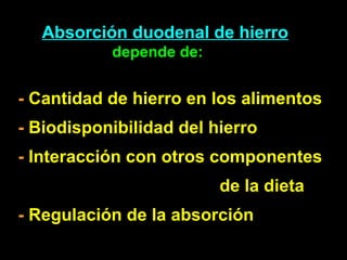 Absorción duodenal de hierro
depende de:
- Cantidad de hierro en los alimentos
- Biodisponibilidad del hierro
- Interacción con otros componentes
de la dieta
- Regulación de la absorción
 