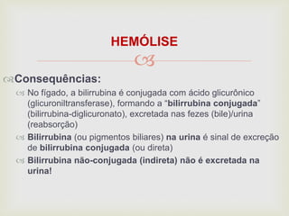 
HEMÓLISE
Consequências:
 No fígado, a bilirrubina é conjugada com ácido glicurônico
(glicuroniltransferase), formando a “bilirrubina conjugada”
(bilirrubina-diglicuronato), excretada nas fezes (bile)/urina
(reabsorção)
 Bilirrubina (ou pigmentos biliares) na urina é sinal de excreção
de bilirrubina conjugada (ou direta)
 Bilirrubina não-conjugada (indireta) não é excretada na
urina!
 