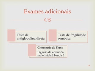 
Teste de
antiglobulina direta
Teste de fragilidade
osmótica
Citometria de Fluxo
Ligação da eosina-5-
maleimida à banda 3
Exames adicionais
130
 