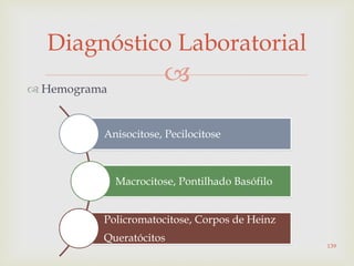  Hemograma
Diagnóstico Laboratorial
Anisocitose, Pecilocitose
Macrocitose, Pontilhado Basófilo
Policromatocitose, Corpos de Heinz
Queratócitos
139
 