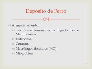 
Armazenamento:
 Ferritina e Hemossiderina: Fígado, Baço e
Medula óssea.
Eritrócitos,
Coração,
Macrófagos tissulares (MO),
Mioglobina.
Depósito de Ferro
17
 