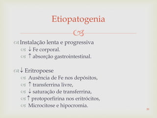 
Instalação lenta e progressiva
  Fe corporal.
  absorção gastrointestinal.
 Eritropoese
 Ausência de Fe nos depósitos,
  transferrina livre,
  saturação de transferrina,
  protoporfirina nos eritrócitos,
 Microcitose e hipocromia.
Etiopatogenia
20
 