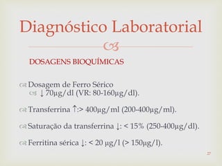 
Diagnóstico Laboratorial
DOSAGENS BIOQUÍMICAS
 Dosagem de Ferro Sérico
 ↓ 70µg/dl (VR: 80-160µg/dl).
 Transferrina :> 400µg/ml (200-400µg/ml).
 Saturação da transferrina ↓: < 15% (250-400µg/dl).
 Ferritina sérica ↓: < 20 μg/l (> 150μg/l).
27
 