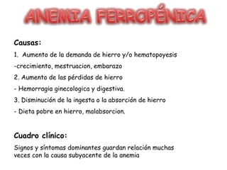 Causas:
1. Aumento de la demanda de hierro y/o hematopoyesis
-crecimiento, mestruacion, embarazo
2. Aumento de las pérdidas de hierro
- Hemorragia ginecologica y digestiva.
3. Disminución de la ingesta o la absorción de hierro
- Dieta pobre en hierro, malabsorcion.
Cuadro clínico:
Signos y síntomas dominantes guardan relación muchas
veces con la causa subyacente de la anemia
 