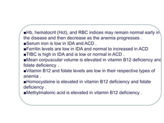 ■Hb, hematocrit (Hct), and RBC indices may remain normal early in
the disease and then decrease as the anemia progresses .
■Serum iron is low in IDA and ACD .
■Ferritin levels are low in IDA and normal to increased in ACD
■TIBC is high in IDA and is low or normal in ACD .
■Mean corpuscular volume is elevated in vitamin B12 deficiency and
folate deficiency .
■Vitamin B12 and folate levels are low in their respective types of
anemia .
■Homocysteine is elevated in vitamin B12 deficiency and folate
deficiency .
■Methylmalonic acid is elevated in vitamin B12 deficiency .
 