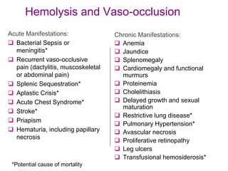 Hemolysis and Vaso-occlusion
Acute Manifestations:
 Bacterial Sepsis or
meningitis*
 Recurrent vaso-occlusive
pain (dactylitis, muscoskeletal
or abdominal pain)
 Splenic Sequestration*
 Aplastic Crisis*
 Acute Chest Syndrome*
 Stroke*
 Priapism
 Hematuria, including papillary
necrosis
Chronic Manifestations:
 Anemia
 Jaundice
 Splenomegaly
 Cardiomegaly and functional
murmurs
 Proteinemia
 Cholelithiasis
 Delayed growth and sexual
maturation
 Restrictive lung disease*
 Pulmonary Hypertension*
 Avascular necrosis
 Proliferative retinopathy
 Leg ulcers
 Transfusional hemosiderosis*
*Potential cause of mortality
 