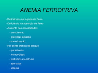 ANEMIA FERROPRIVA
- Deficiências na ingesta de Ferro
- Deficiência na absorção de Ferro
- Aumento das necessidades:
- crescimento
- gravidez/ lactação
- menstruação
- Por perda crônica de sangue
- parasitoses
- hemorróidas
- distúrbios menstruais
- epistaxes
- úlceras
 