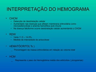 INTERPRETAÇÃO DO HEMOGRAMA
• CHCM
– Detecção de desidratação celular
– Aumentado nas doenças que afetam membrana eritrocitária como
microesferocitose e anemia hemolítica auto imune
– Na doença falciforme ocorre desidratação celular aumentando o CHCM
• RDW
– Varia 11,5 – 14,5%,
– Medida de intensidade de anisocitose
• HEMATÓCRITO( % )
_ Porcentagem da massa eritrocitárias em relação ao volume total
• HCM
_ Representa o peso da Hemoglobina média dos eritrócitos ( picogramas)
 