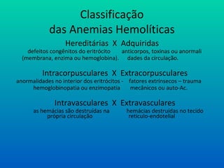 Classificação
das Anemias Hemolíticas
Hereditárias X Adquiridas
defeitos congênitos do eritrócito anticorpos, toxinas ou anormali
(membrana, enzima ou hemoglobina). dades da circulação.
Intracorpusculares X Extracorpusculares
anormalidades no interior dos eritrócitos - fatores extrínsecos – trauma
hemoglobinopatia ou enzimopatia mecânicos ou auto-Ac.
Intravasculares X Extravasculares
as hemácias são destruídas na hemácias destruídas no tecido
própria circulação retículo-endotelial
 