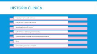 HISTORIA CLÍNICA
Intensidad y comienzo de sintomas
Color de orina y presencia de ictericia
Episodios anteriores de anemia
Color de heces y síntomas gastrointestinales
Expisicion a AINES oxidantes nitratos o hierbas homeopáticas
Dieta
Antecedentes perinatales y prenatales
 