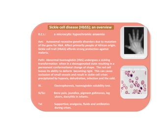 R.C.I.: a microcytic hypochromic anaemia
Aet: Autosomal recessive genetic disorders due to mutation
of the gene for HbA. Affect primarily people of African origin.
Sickle cell trait (HbAS) affords strong protection against
malaria.
Path: Abnormal haemoglobin (HbS) undergoes a sickling
transformation when in a deoxygenated state resulting in a
permanent conformational change of shape. The red cell
looses its ability to deform becoming rigid. This can cause
occlusion of small vessels and result in sickle cell crises
precipitated by hypoxia, dehydration, infection and the cold.
IX. Electrophoresis, haemoglobin solubility test.
Si/Sy: Bone pain, jaundice, pigment gallstones, leg
ulcers, dactylitis in infants.
Txt Supportive; analgesia, fluids and antibiotics
during crises.
Sickle cell disease (HbSS); an overview
Dactylitis in a child
Blood film: sickle cells
 