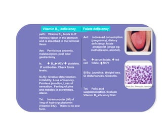 path: Vitamin B12 binds to IF
intrinsic factor in the stomach
and is absorbed in the terminal
ileum
Aet: Pernicious anaemia,
malabsorpion, post total
gastrectomy
Ix.  B12MCV  platelets.
IF antibodies. Check folate
levels.
Si./Sy: Gradual deterioration,
Irritability, Loss of memory,
Painless jaundice, Loss of
sensation , Feeling of pins
and needles in extremities,
ataxic.
Txt. Intramuscular (IM) of
1mg of hydroxycobalamin
(Vitamin B12). There is no oral
form.
Vitamin B12 deficiency
Aet: increased consumption
(pregnancy), dietary
deficiency, folate
antagonist (drugs eg;
methotrexate, alcohol).
Ix. serum folate, red
cell folate. MCV
Si/Sy: Jaundice. Weight loss.
GI disturbances. Glossitis.
Txt. Folic acid
supplementation. Exclude
Vitamin B12 eficiency first.
Folate deficiency
Glossitis.
Blood film; Macrocytic hypochromic
 