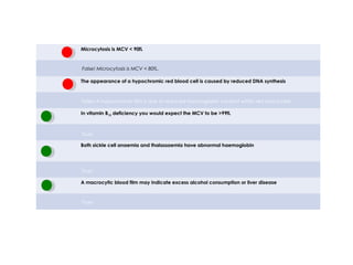 Microcytosis is MCV < 90fL
The appearance of a hypochromic red blood cell is caused by reduced DNA synthesis
In vitamin B12 deficiency you would expect the MCV to be >99fL
Both sickle cell anaemia and thalassaemia have abnormal haemoglobin
A macrocytic blood film may indicate excess alcohol consumption or liver disease
False! Microcytosis is MCV < 80fL.
False! A hypochromic film is due to reduced haemoglobin content within red blood cells.
True!
True!
True!
true false
 