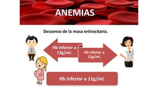Descenso de la masa eritrocitaria.
Hb inferior a
13g/ml. Hb inferior a
12g/ml.
Hb inferior a 11g/ml.
 