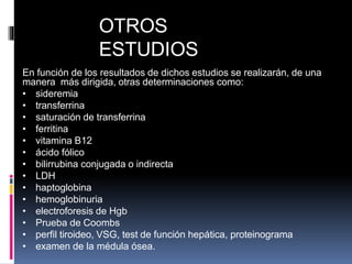 OTROS
ESTUDIOS
En función de los resultados de dichos estudios se realizarán, de una
manera más dirigida, otras determinaciones como:
• sideremia
• transferrina
• saturación de transferrina
• ferritina
• vitamina B12
• ácido fólico
• bilirrubina conjugada o indirecta
• LDH
• haptoglobina
• hemoglobinuria
• electroforesis de Hgb
• Prueba de Coombs
• perfil tiroideo, VSG, test de función hepática, proteinograma
• examen de la médula ósea.
 
