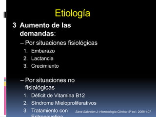 Etiología
3 Aumento de las
demandas:
– Por situaciones fisiológicas
1. Embarazo
2. Lactancia
3. Crecimiento
– Por situaciones no
fisiológicas
1. Déficit de Vitamina B12
2. Síndrome Mieloproliferativos
3. Tratamiento con Sans-Sabrafen J; Hematología Clínica; 5ª ed.; 2008:107
 